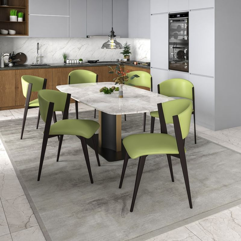 LeisureMod Aspen Collection Modern Dining Chair in Olive Green at Table.