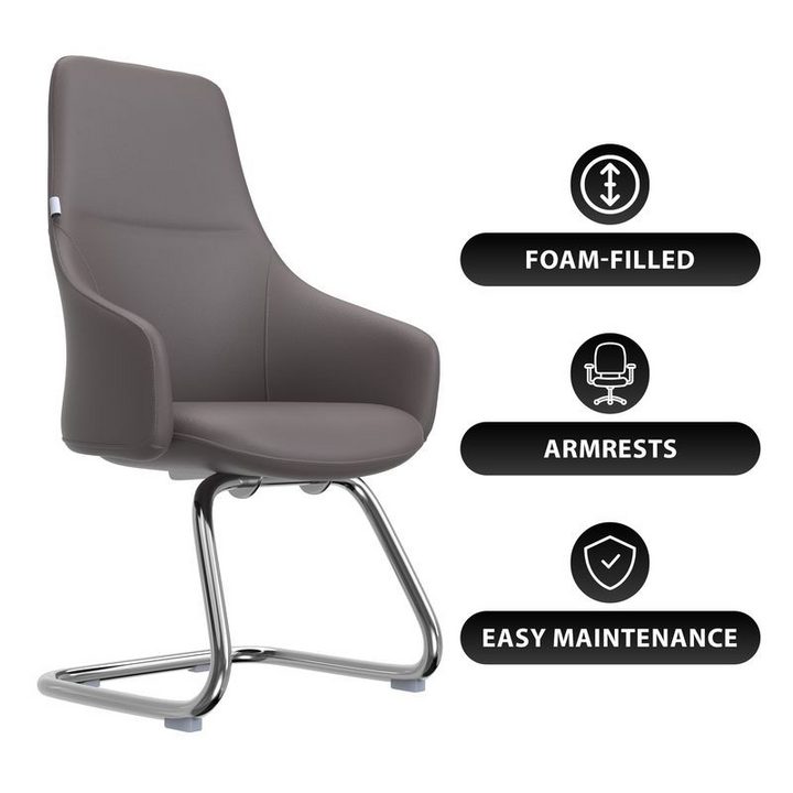 Gray chair with armrests on a white background, featuring icons and text about foam-filled, armrests, and easy maintenance.