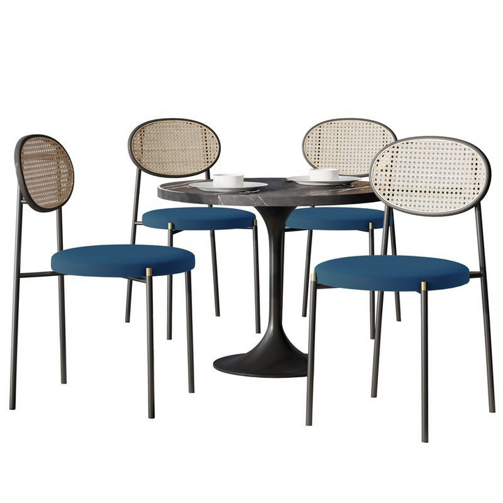 LeisureMod 5-Piece Dining Set with 36" Round Dining Table Black Sintered Stone Top and Black Pedestal with 4 Velvet Dining Chairs in Black Steel Legs in Navy Blue