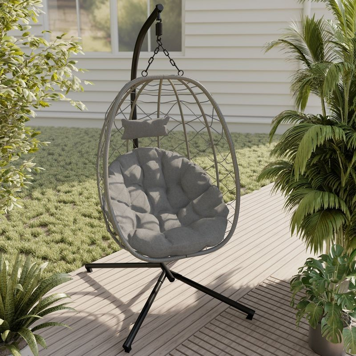 Leisuremod Summit Series Outdoor Egg Swing Chair in Grey with Light Grey Cushions Light Grey Photo.