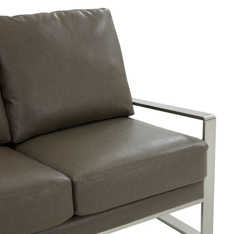 Leisuremod Jefferson Contemporary Modern Faux Leather Loveseat with Silver Frame Grey Closeup.