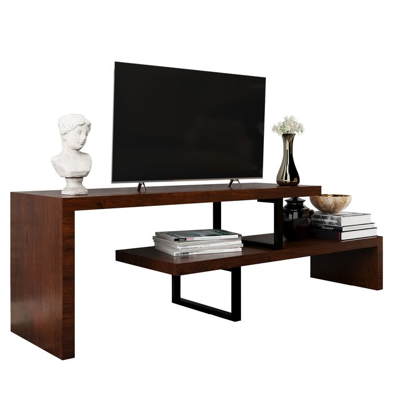 LeisureMod Orford Mid-Century Modern TV Stand with MDF Shelves and Powder Coated Iron Legs in Walnut