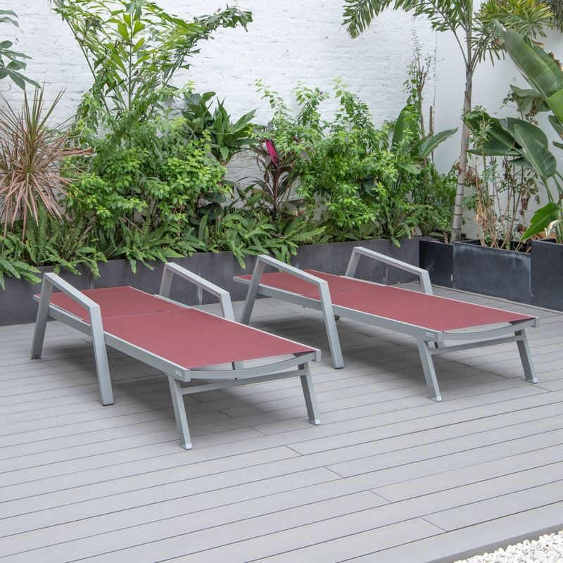 LeisureMod Marlin Patio Chaise Lounge Chair with Armrests in Grey Aluminum Frame, Set of 2 in Burgundy Flat View.