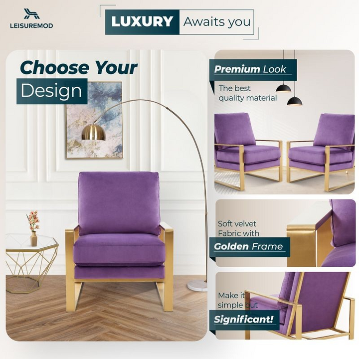 LeisureMod Jefferson Velvet Design Accent Armchair with Gold Brass Finish Frame Purple Designs.