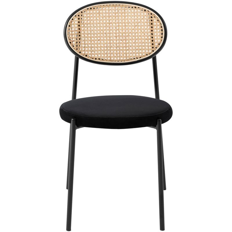 LeisureMod Euston Modern Wicker Dining Chair with Velvet Round Seat Black Front View.