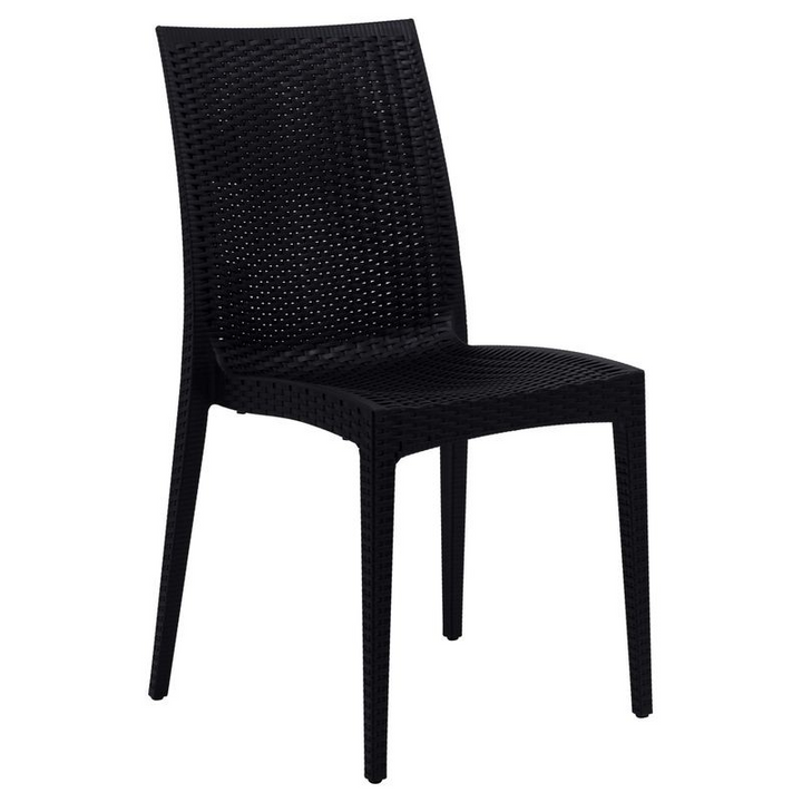 LeisureMod Mace 7-Piece Outdoor Dining Set with Rectangular Table and Stackable Chairs Black Chair.