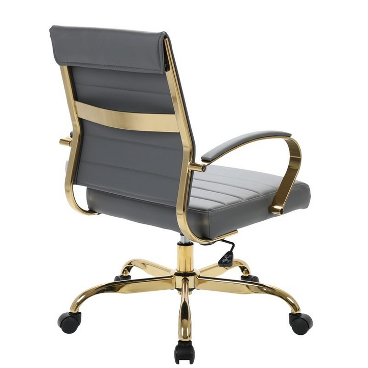 LeisureMod Benmar Home Leather Office Chair with Gold Frame Grey Back View.