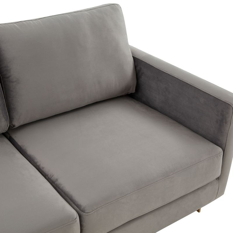 LeisureMod Lincoln Modern Mid-Century Upholstered Velvet Sofa with Gold Frame Light Grey Closeup.