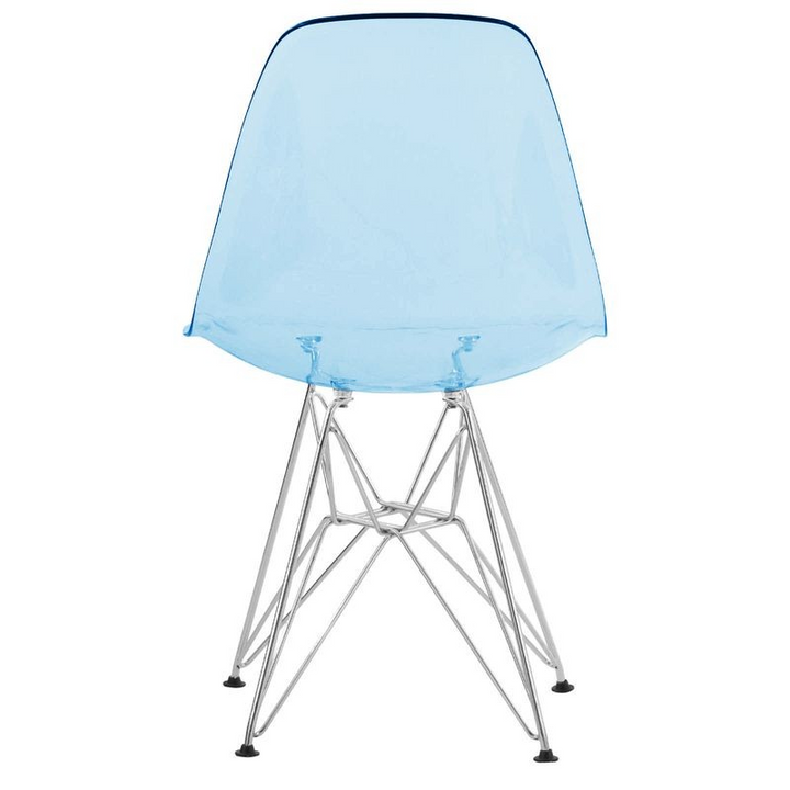 LeisureMod Cresco Molded Eiffel Side Chair Transparent Blue Back View.