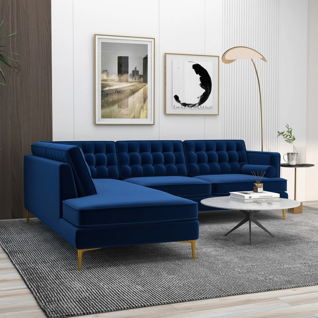 Brooke Dark Blue Sectional Sofa Left Facing in Living Room