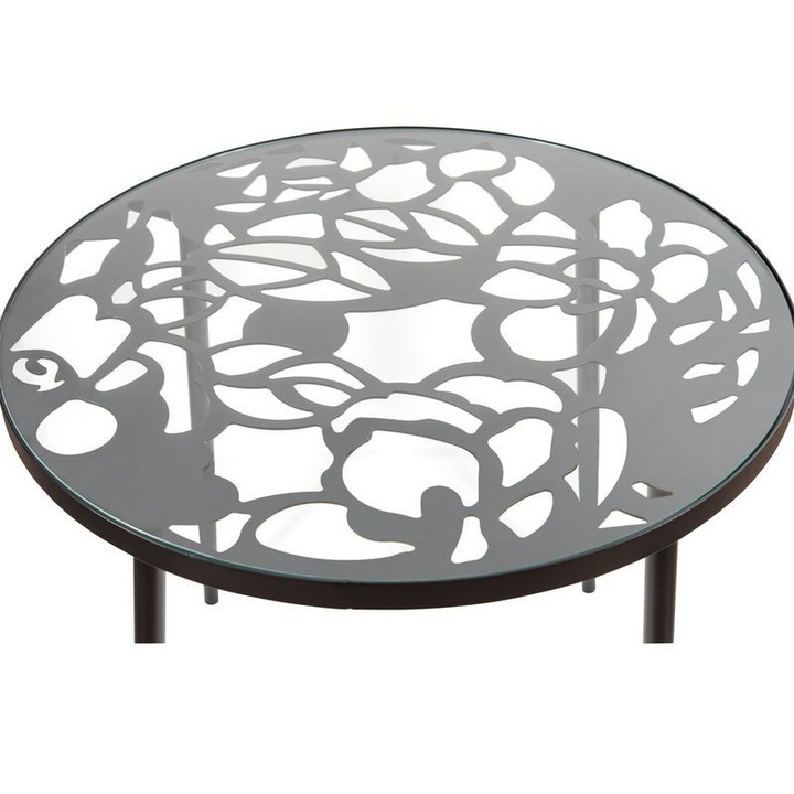 LeisureMod Devon Tree Design Glass Top Aluminum Base Indoor Outdoor Bistro Dining Table Black Top View.