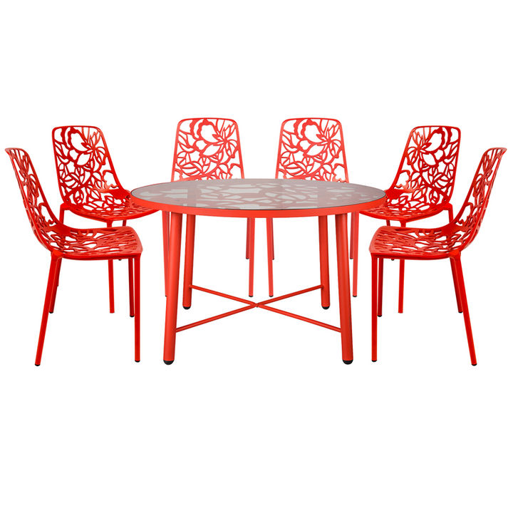 LeisureMod Devon Mid-Century Modern 7-Piece Aluminum Outdoor Patio Dining Set with Tempered Glass Top Table and 6 Stackable Flower Design Chairs Red
