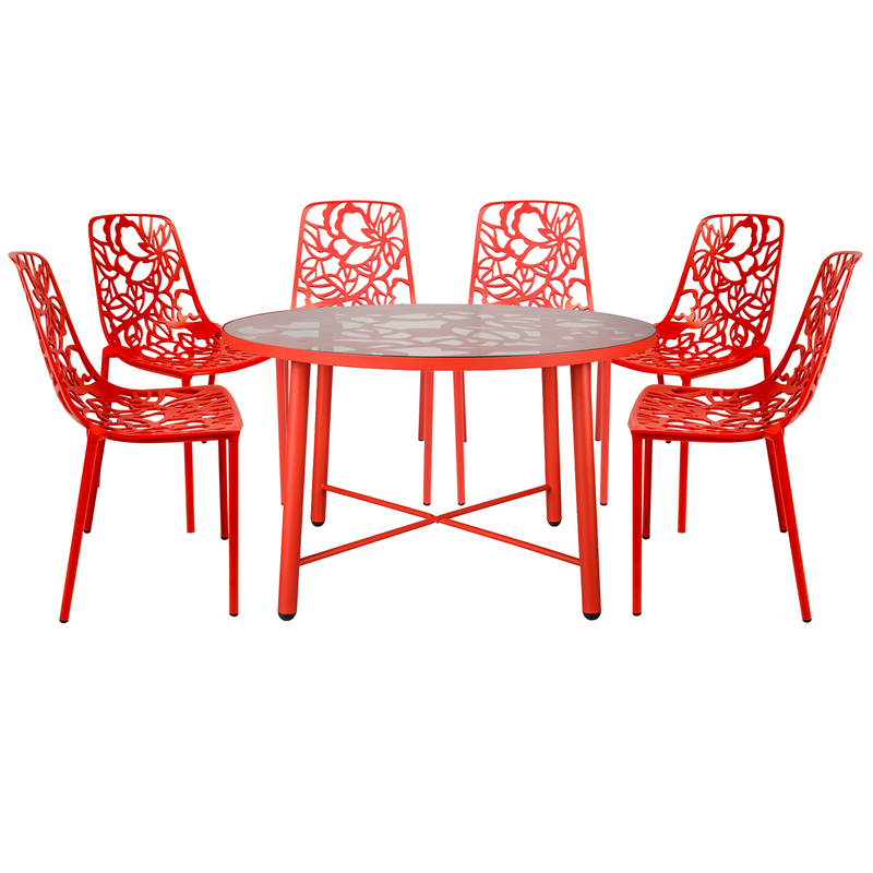 LeisureMod Devon Mid-Century Modern 7-Piece Aluminum Outdoor Patio Dining Set with Tempered Glass Top Table and 6 Stackable Flower Design Chairs Red