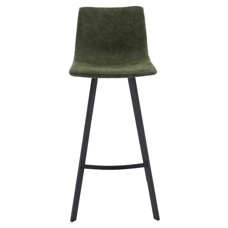 LeisureMod Elland Modern Upholstered Leather Bar Stool with Iron Legs and Footrest Front View.