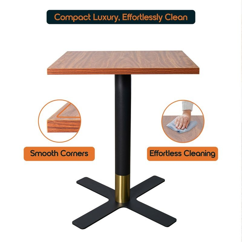 LeisureMod Vail Collection Dining Table Black/Gold X Base With 24" Square Cognac Brown MDF Top Description.