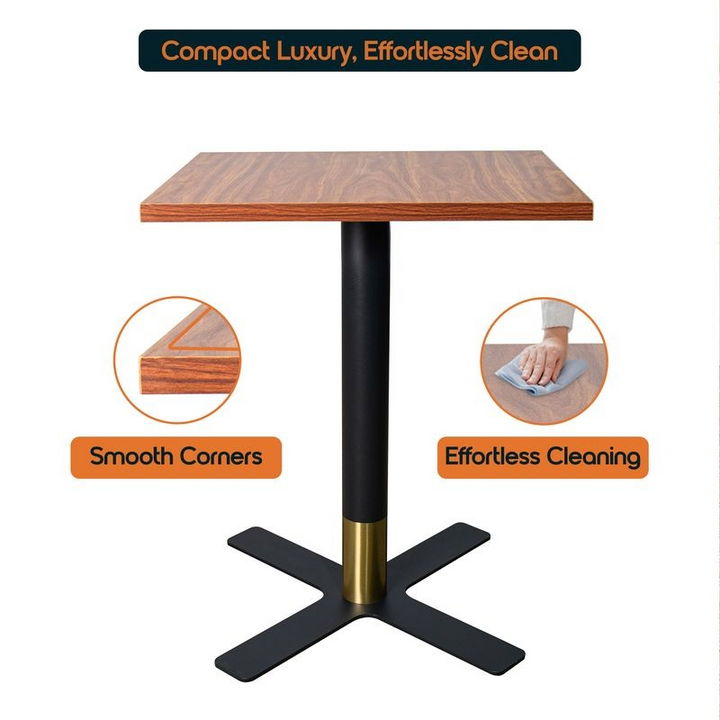 LeisureMod Vail Collection Dining Table Black/Gold X Base With 24" Square Cognac Brown MDF Top Description.