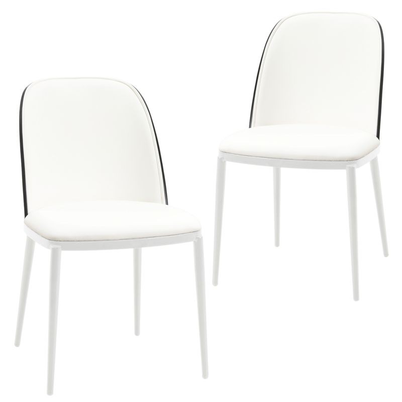 LeisureMod Tule Mid-Century Modern Dining Side Chair with Leather Seat and White Powder-Coated Steel Frame, Set of 2 Black/White