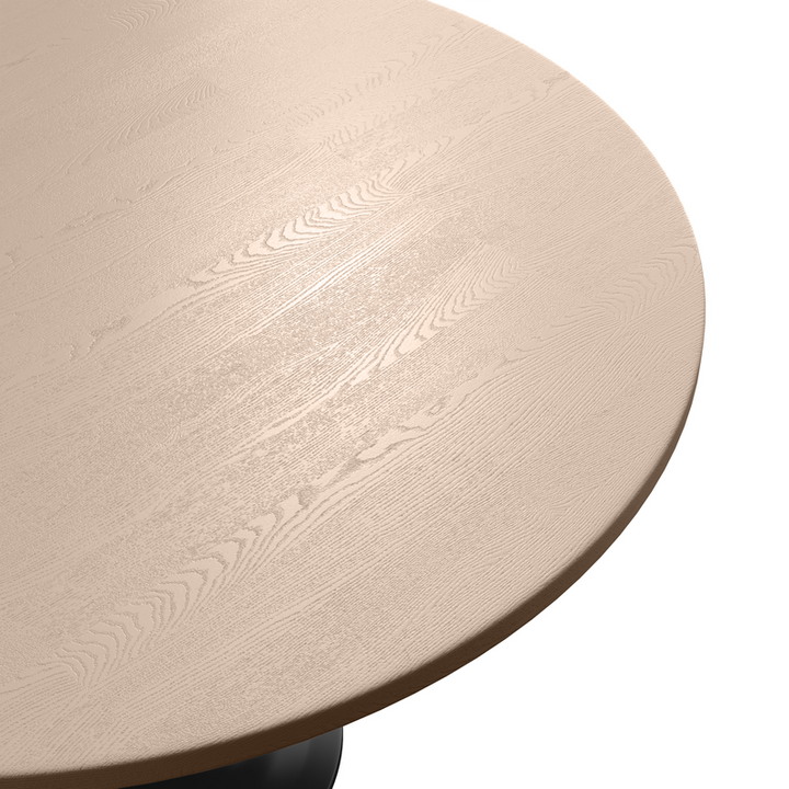 LeisureMod Verve Collection 48 Round Dining Table, Black Base with Light Natural Wood MDF Top Closeup.