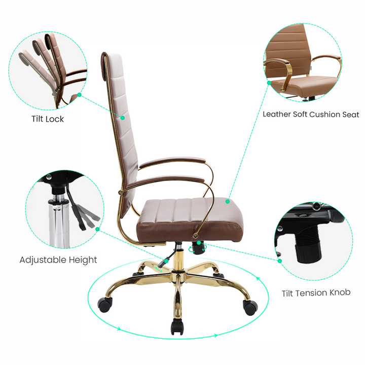 Brown office chair with features highlighted on a white background.
