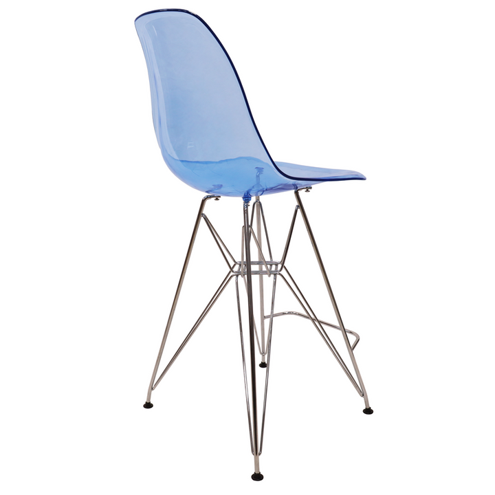 LeisureMod Cresco Modern Acrylic Barstool with Chrome Base and Footrest in Transparent Blue Back View.