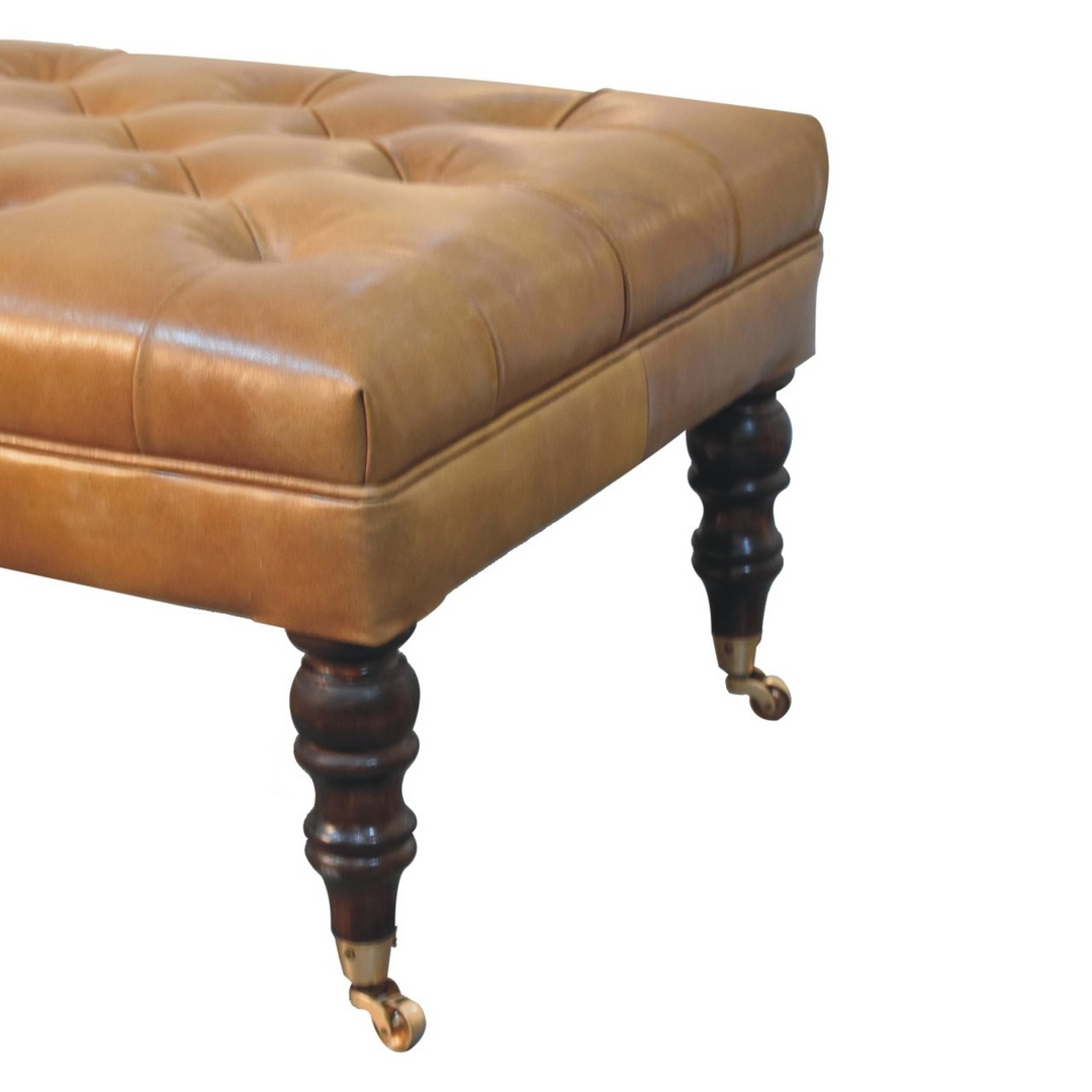 California Walnut Buffalo Tan Leather Ottoman with Castor Legs Feet