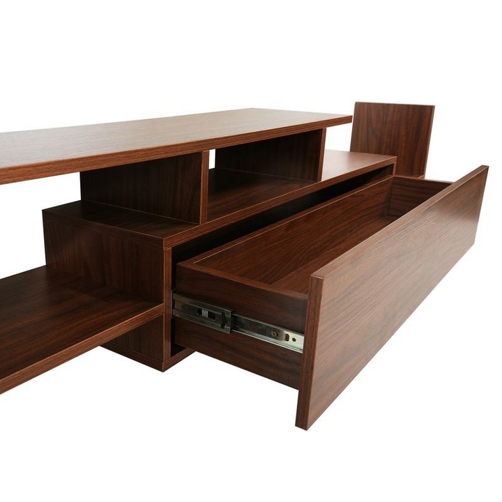 LeisureMod Surrey Modern TV Stand with MDF Shelves and Bookcase in Walnut Open Drawer.