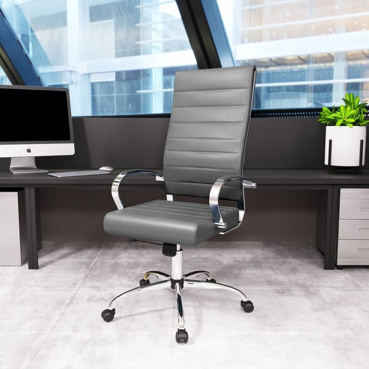 LeisureMod Benmar High-Back Leather Office Chair Grey in Room.