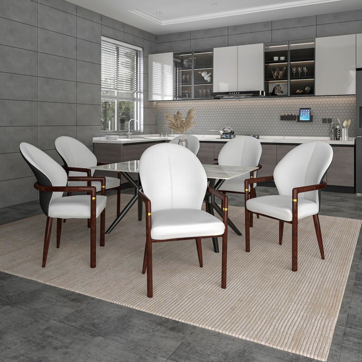 LeisureMod Opaline Series Elegant Wooden Dining Chair in Black Velvet and White at Table.