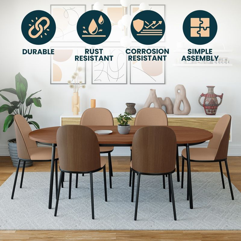 Dining table set with chairs in a room setting, featuring durability, rust resistance, corrosion resistance, and simple assembly icons.