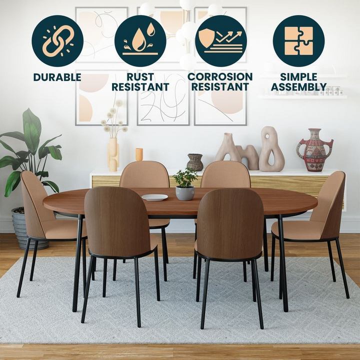Dining table set with chairs in a room setting, featuring durability, rust resistance, corrosion resistance, and simple assembly icons.