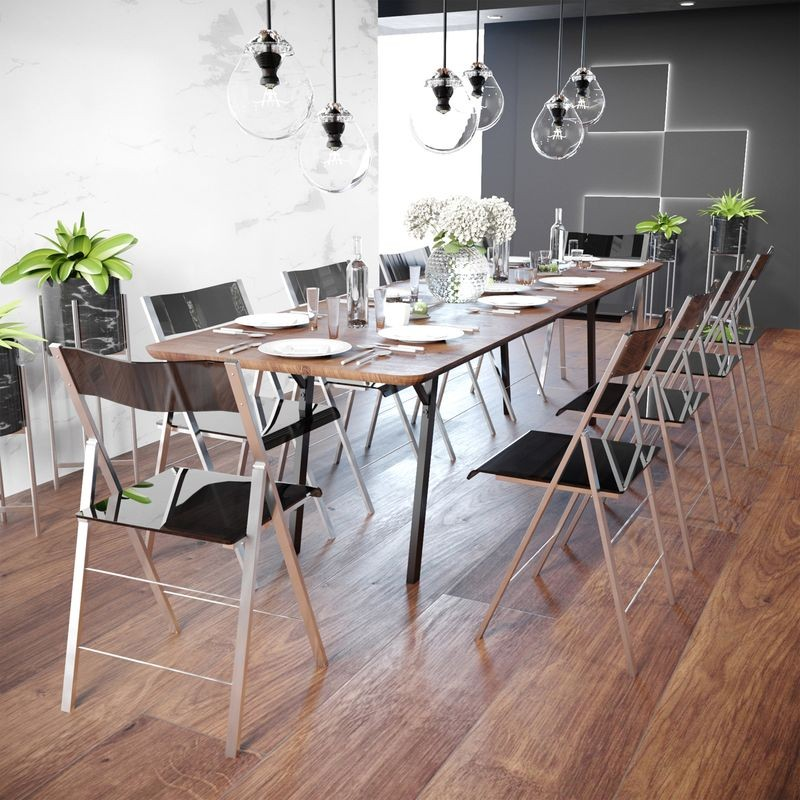 LeisureMod Menno Modern Acrylic Folding Chair Transparent Black at Table.