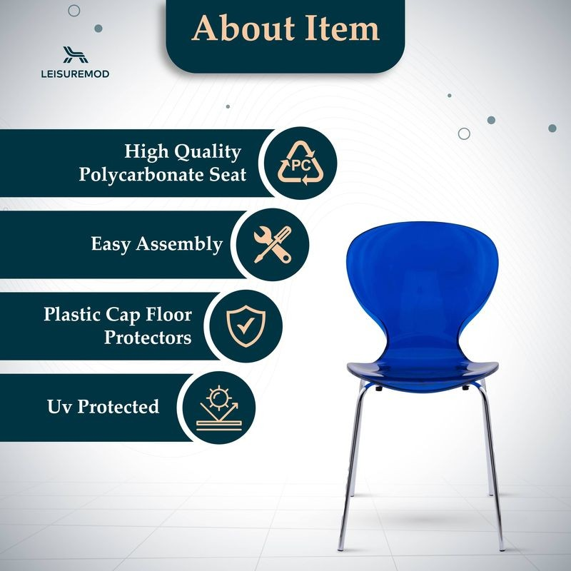 Blue chair with LeisureMod branding and features listed on a white background.