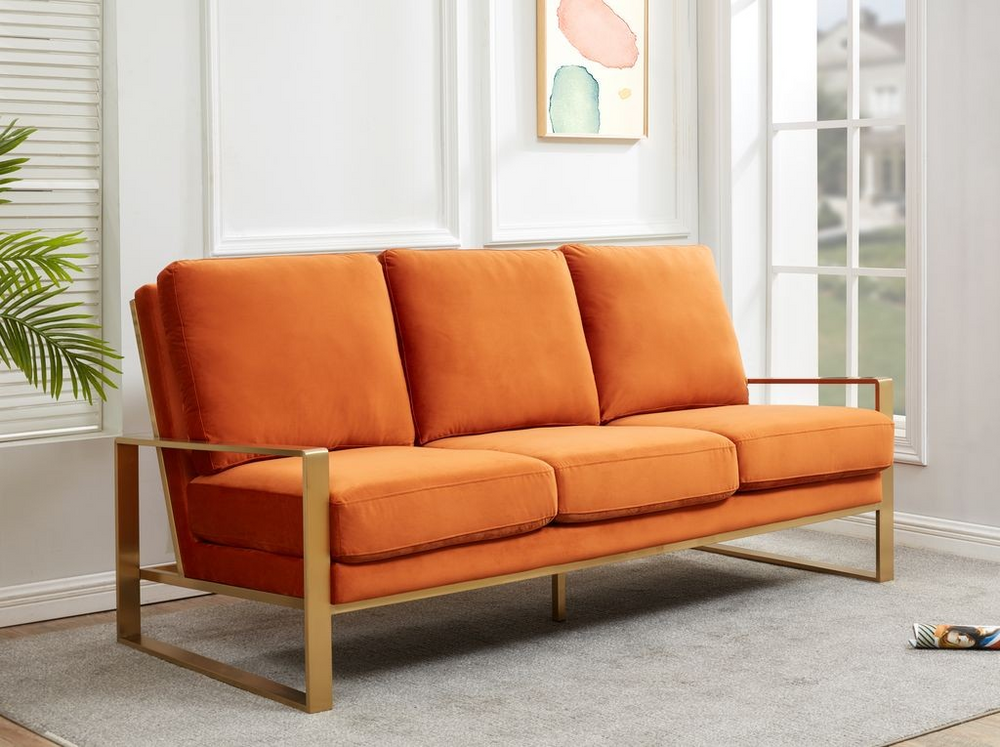 LeisureMod Jefferson Contemporary Modern Design Velvet Sofa with Gold Frame Orange. with Background.