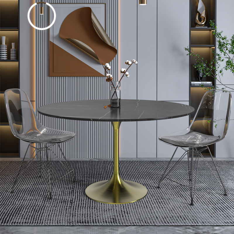 LeisureMod Verve Collection 48 Round Dining Table, Brushed Gold Base with Sintered Stone Black Top with Chairs.