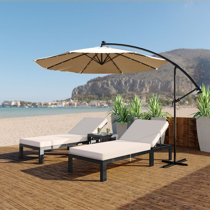 LeisureMod Willry Modern Outdoor 10 Ft Offset Cantilever Hanging Patio Umbrella with Solar Powered LED Beige Outside.
