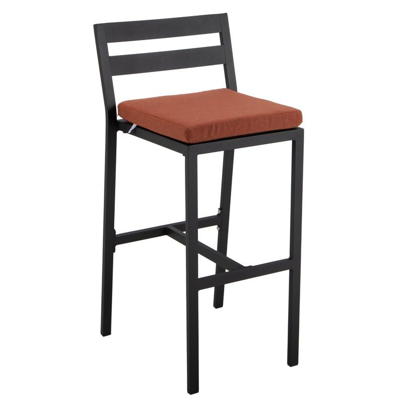 LeisureMod Chelsea Collection Modern Aluminum Outdoor Bar Chair in black with Orange Cushions.