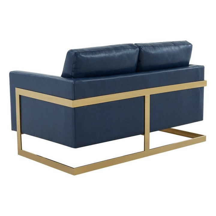 LeisureMod Lincoln Modern Mid-Century Upholstered PU Leather Loveseat with Gold Frame Navy Blue Back View