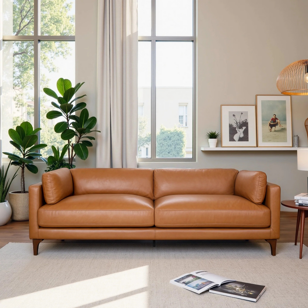 Bellrose Mid-Century Modern Genuine Leather Sofa Front View.