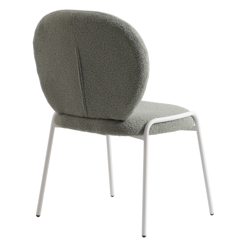 LeisureMod Mid-Century Modern Boucle Dining Chair with White Frame, Green Back Angled View.