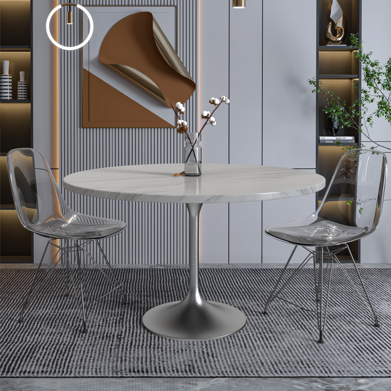 LeisureMod Verve Collection 48 Round Dining Table, Brushed Chrome Base with Sintered Stone White Top in Room.