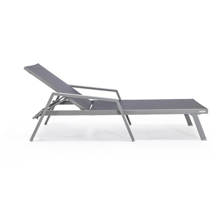 LeisureMod Marlin Patio Chaise Lounge Chair with Armrests in Grey Aluminum Frame, Set of 2 in Black Side View.
