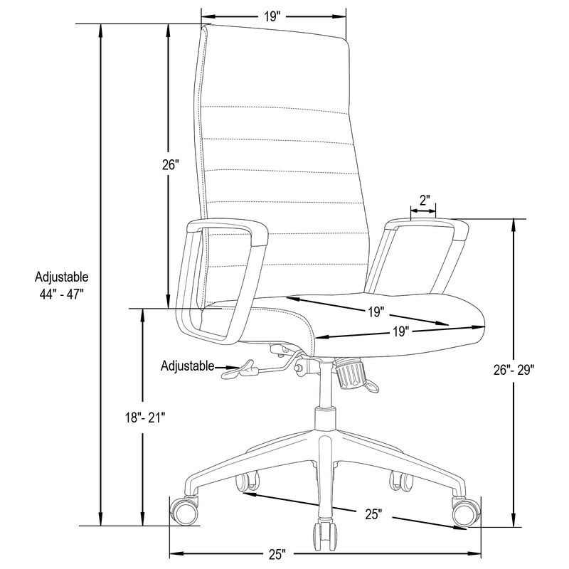 Technical drawing of an office chair with dimensions labeled.