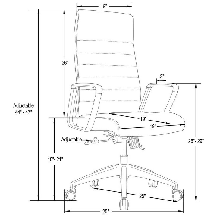 Technical drawing of an office chair with dimensions labeled.