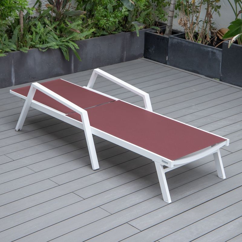 LeisureMod Marlin Patio Chaise Lounge Chair with Armrests in White Aluminum Frame Burgundy Flat View.