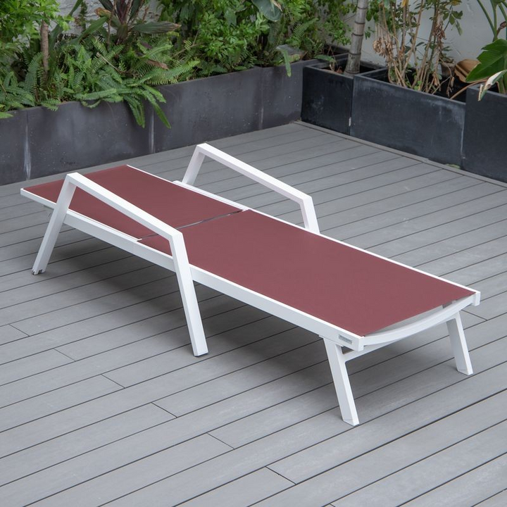 LeisureMod Marlin Patio Chaise Lounge Chair with Armrests in White Aluminum Frame Burgundy Flat View.