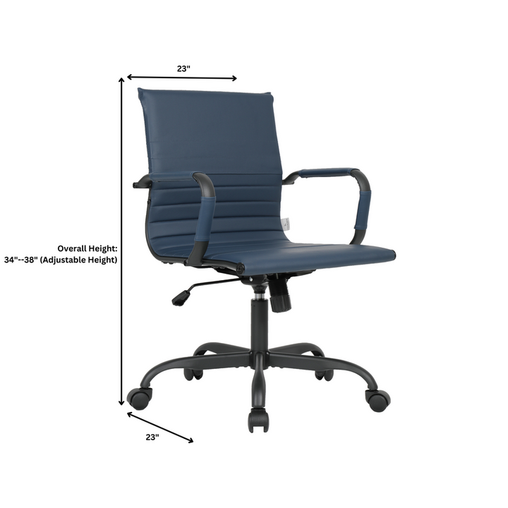 Blue office chair with dimensions on a white background.