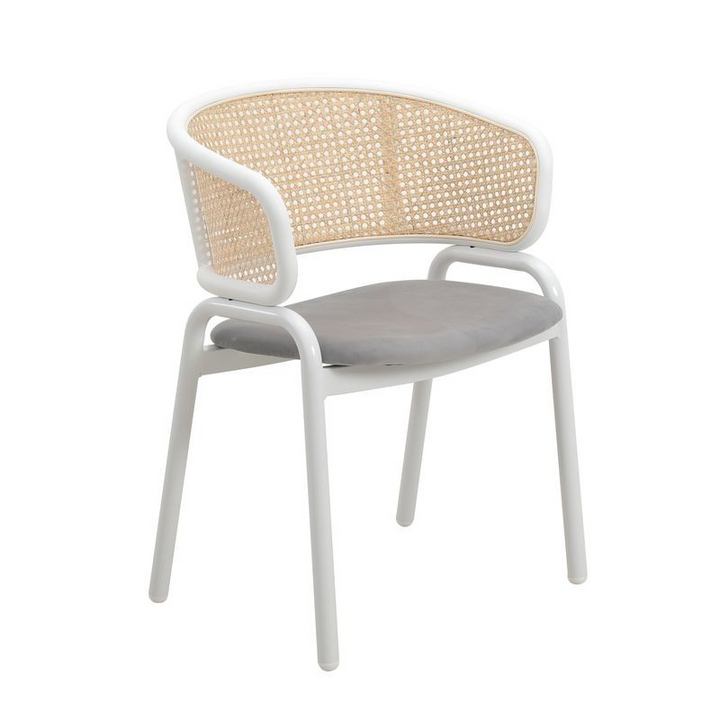 Leisuremod Ervilla Modern Dining Chair with White Powder Coated Steel Legs and Wicker Back Grey Front Angle.