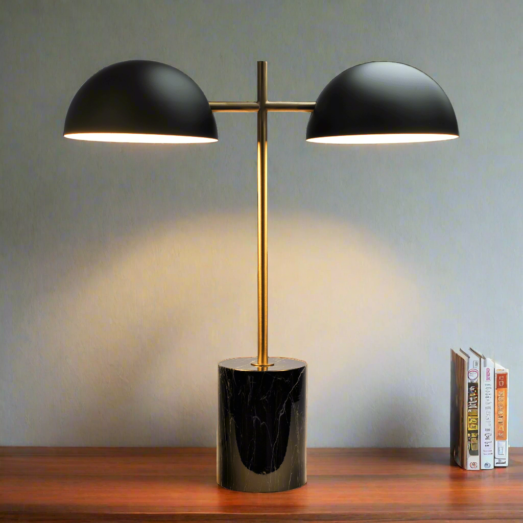 Nova Hydro Black Table Lamp with On and Off Switch Double Lamp with Faux Marble Base Closeup.