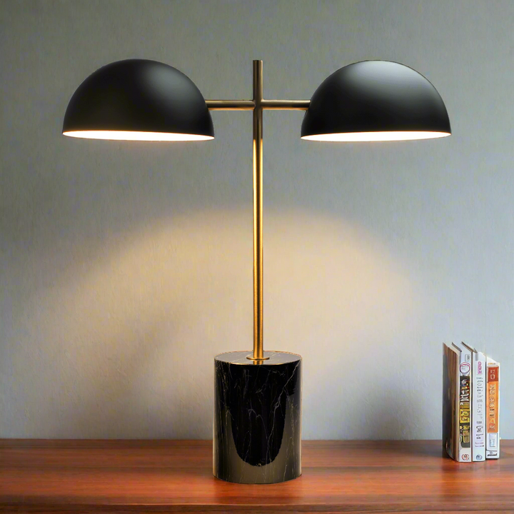 Nova Hydro Black Table Lamp with On and Off Switch Double Lamp with Faux Marble Base Closeup.