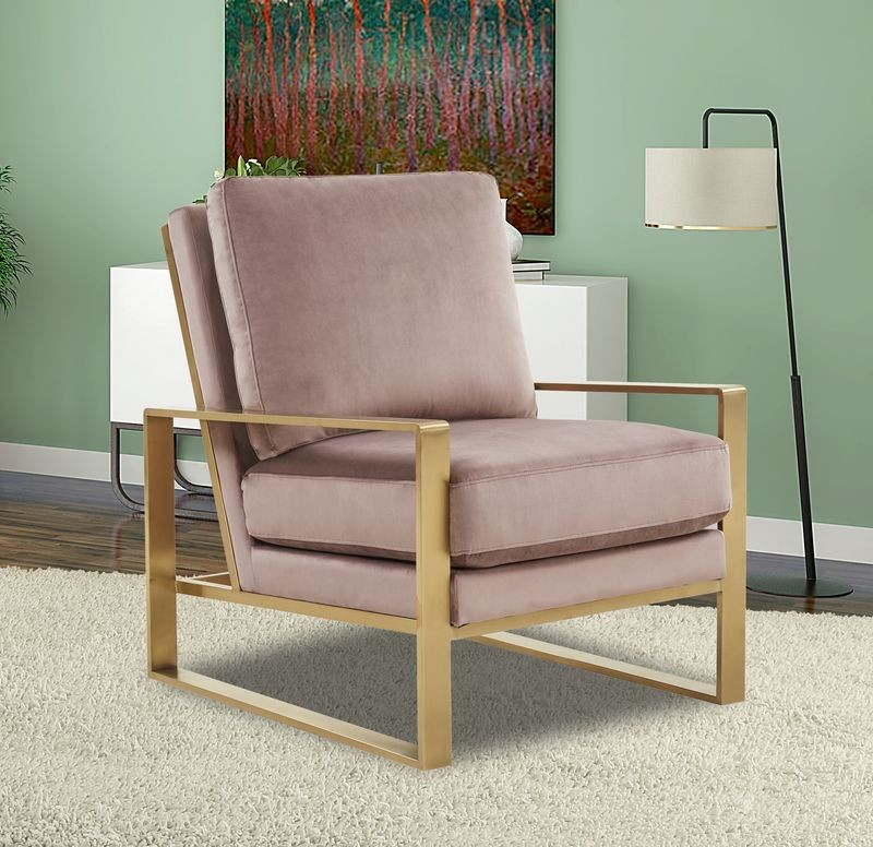 LeisureMod Jefferson Velvet Design Accent Armchair with Gold Brass Finish Frame Pink with Background.